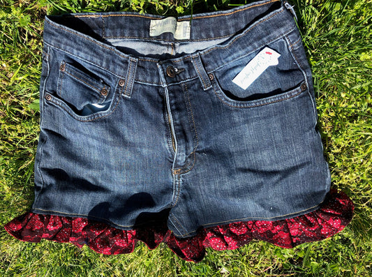 Upcycled Denim Shorts with Red Lace Detail